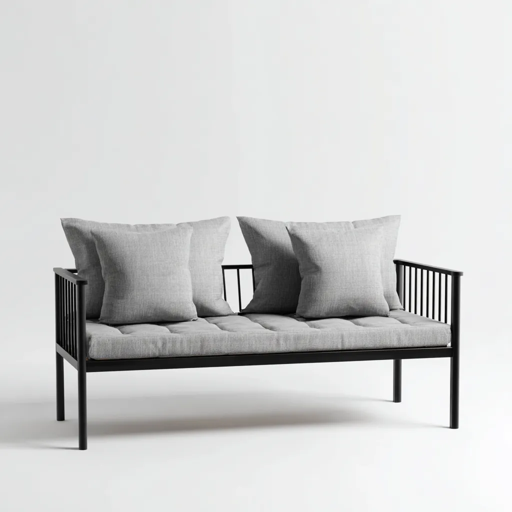 Divano da esterno a due posti in metallo con cuscini grigi 140x75x80 cm - nero - grigio - design minimalista - per giardino e terrazza-Padovae