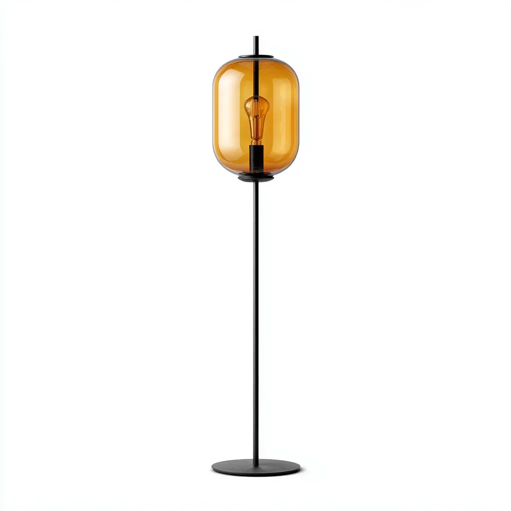 Lampada Da Terra In Metallo E Vetro 28×28×160 Cm Nero-Vetro Ambra Per Soggiorno Stile Moderno-Padovae