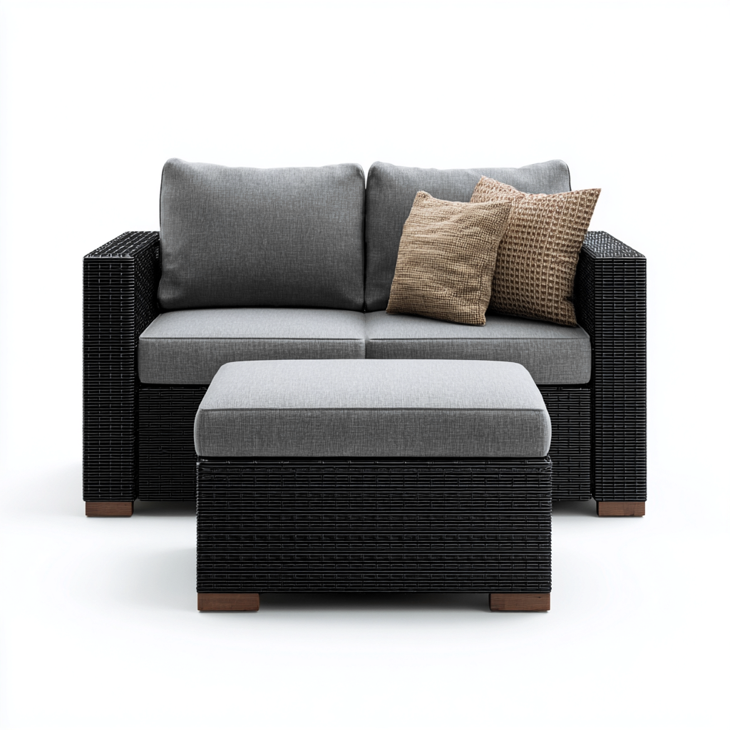 Divano da esterno in rattan sintetico con pouf e cuscini grigi 150x80x75 cm - nero - grigio - design moderno - per giardino e terrazza-Padovae