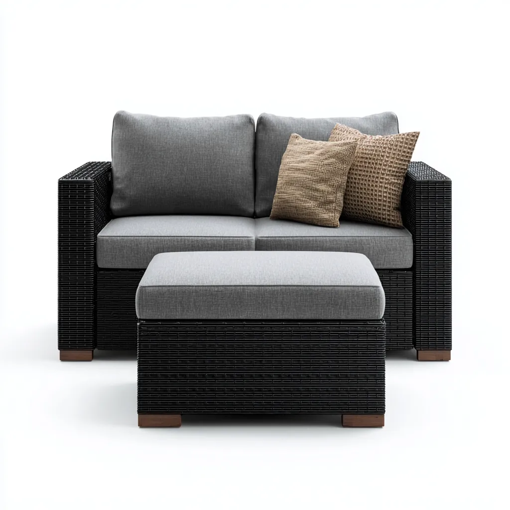 Divano da esterno in rattan sintetico con pouf e cuscini grigi 150x80x75 cm - nero - grigio - design moderno - per giardino e terrazza-Padovae
