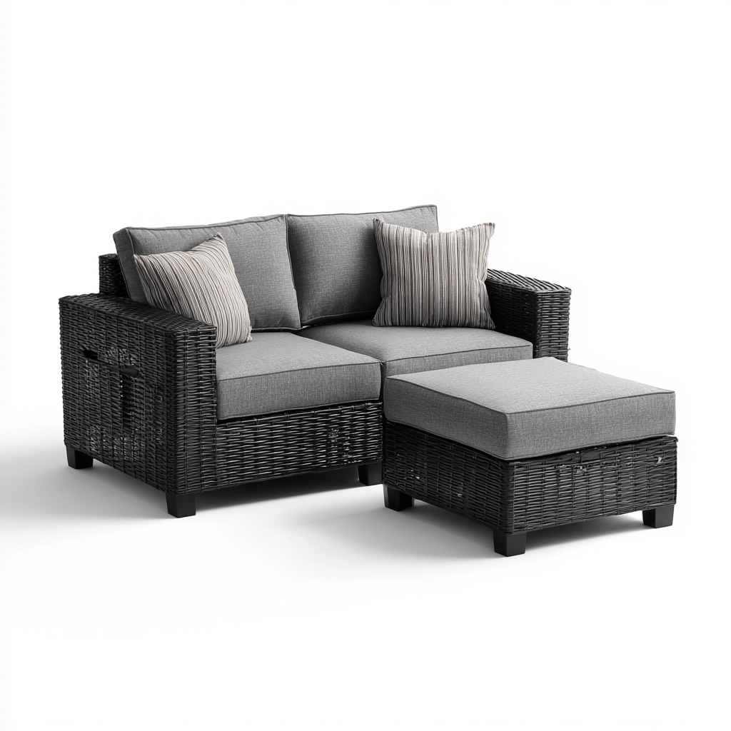 Divano da esterno in rattan sintetico con pouf e cuscini grigi 145x80x75 cm - nero - grigio - design moderno - per giardino e terrazza-Padovae