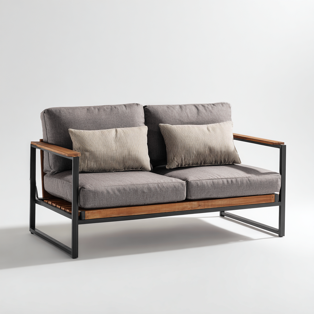 Divano da esterno a due posti in metallo e legno con cuscini grigi 145x80x78 cm - nero - grigio - design moderno - per giardino e terrazza-Padovae