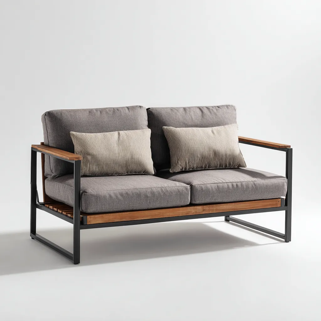 Divano da esterno a due posti in metallo e legno con cuscini grigi 145x80x78 cm - nero - grigio - design moderno - per giardino e terrazza-Padovae