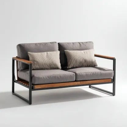 Divano da esterno a due posti in metallo e legno con cuscini grigi 145x80x78 cm - nero - grigio - design moderno - per giardino e terrazza-Padovae