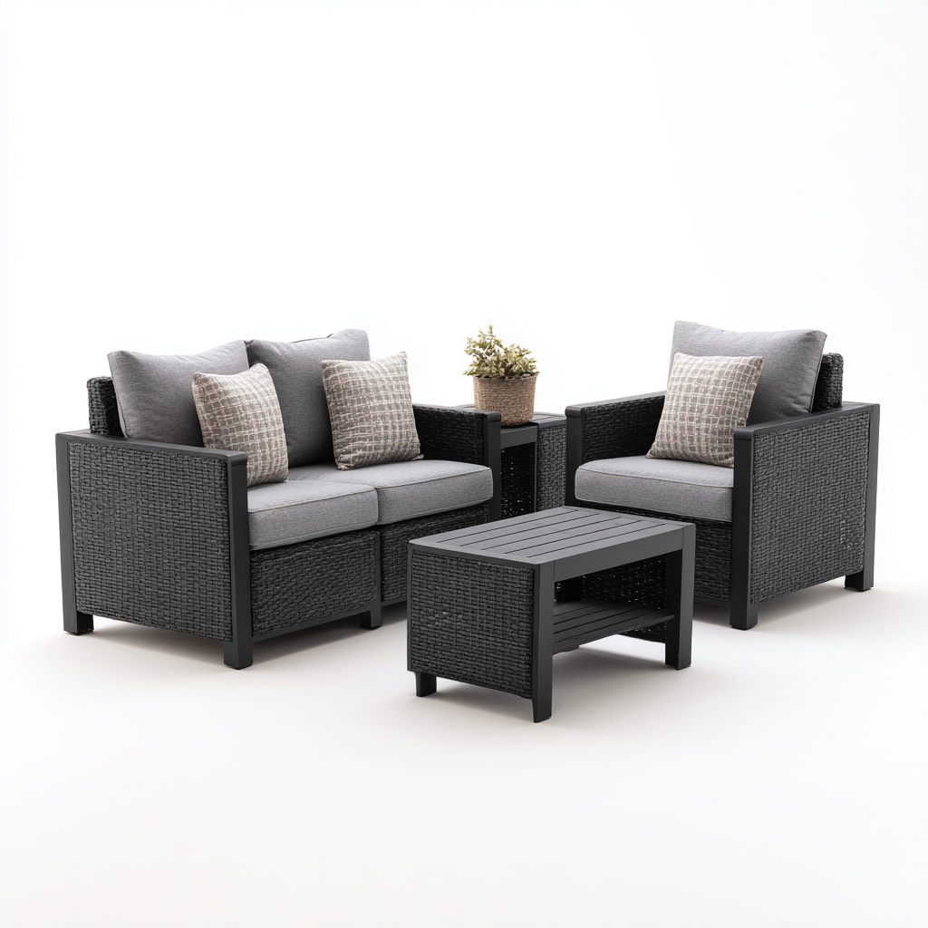 Divano da esterno in rattan sintetico con tavolino 125x70x80 cm - nero - stile moderno - per giardino e terrazza-Padovae