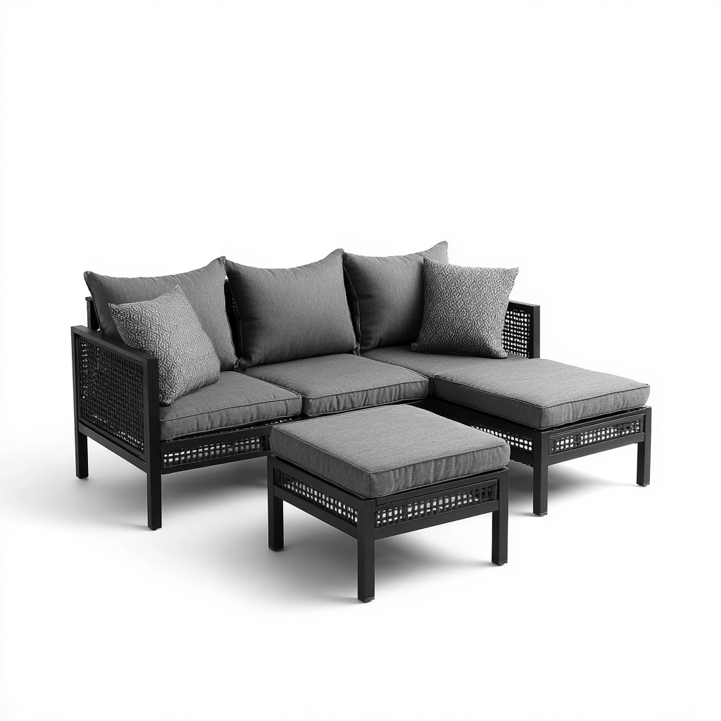 Divano da esterno angolare in metallo con cuscini grigi e pouf 200x140x75 cm - nero - grigio - design moderno - per giardino e terrazza-Padovae