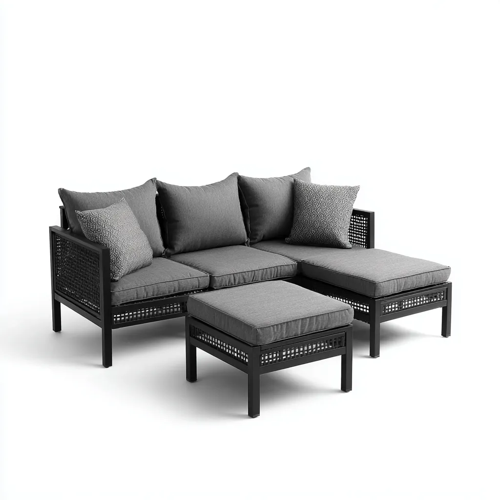 Divano da esterno angolare in metallo con cuscini grigi e pouf 200x140x75 cm - nero - grigio - design moderno - per giardino e terrazza-Padovae