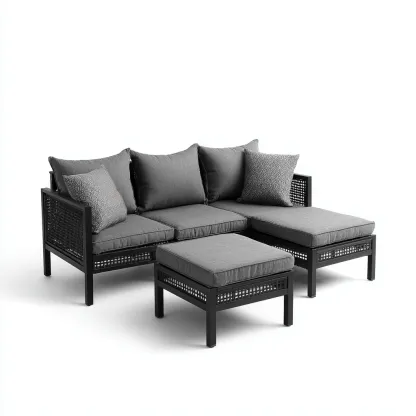 Divano da esterno angolare in metallo con cuscini grigi e pouf 200x140x75 cm - nero - grigio - design moderno - per giardino e terrazza-Padovae