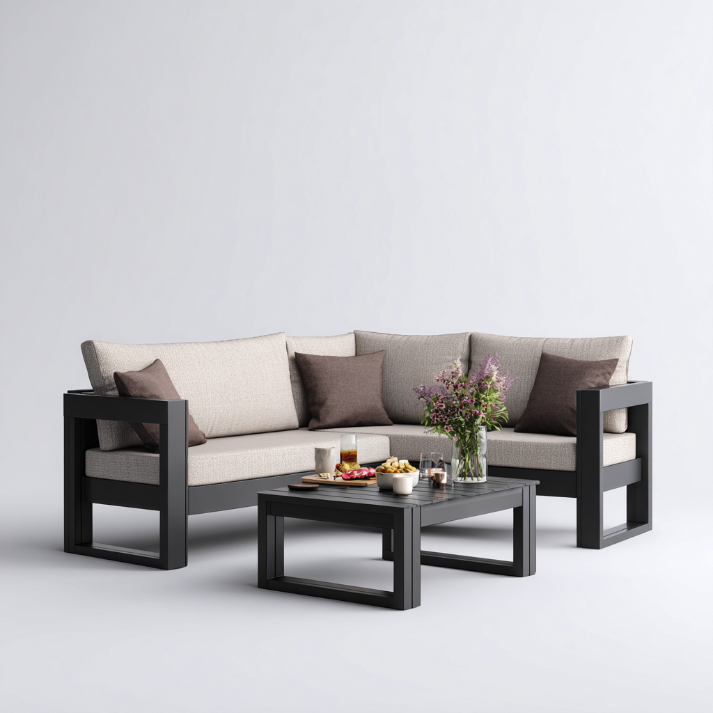 Divano da esterno angolare in alluminio con tavolino 195x195x70 cm - nero - beige - design moderno - per giardino e terrazza-Padovae