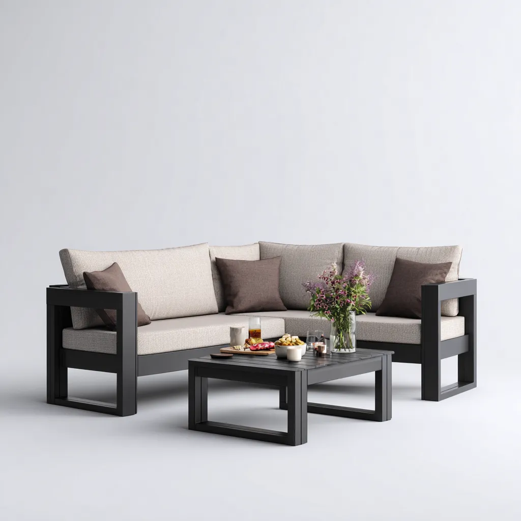 Divano da esterno angolare in alluminio con tavolino 195x195x70 cm - nero - beige - design moderno - per giardino e terrazza-Padovae