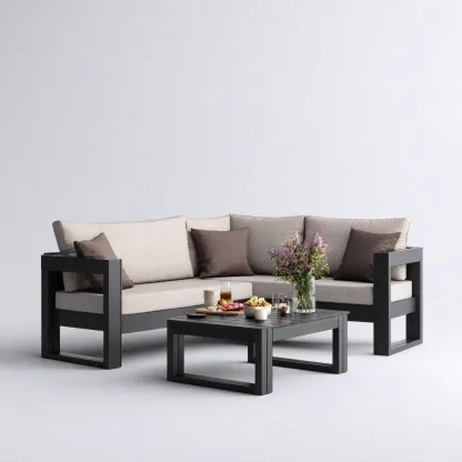 Divano da esterno angolare in alluminio con tavolino 195x195x70 cm - nero - beige - design moderno - per giardino e terrazza-Padovae