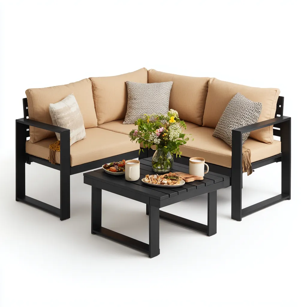 Divano da esterno angolare in alluminio con tavolino 195x195x70 cm - nero - sabbia - design moderno - per giardino e terrazza-Padovae