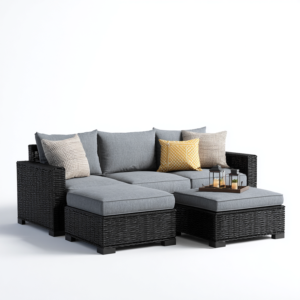 Divano da esterno in rattan sintetico con cuscini grigi 210x140x70 cm - nero - grigio - design moderno - per giardino e terrazza-Padovae