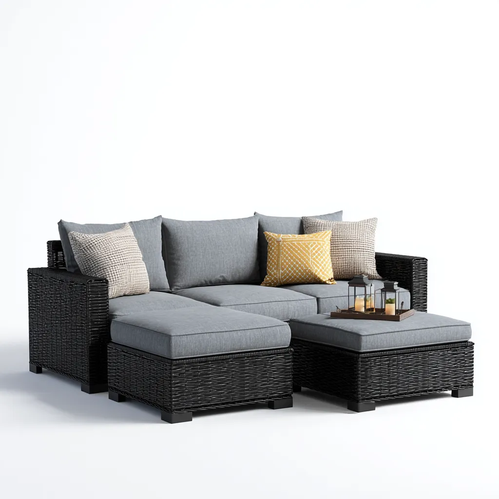 Divano da esterno in rattan sintetico con cuscini grigi 210x140x70 cm - nero - grigio - design moderno - per giardino e terrazza-Padovae