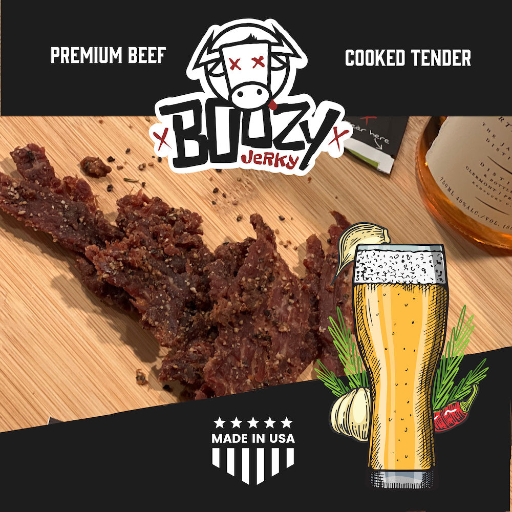 Tender cuts of Rosemary Garlicky Pilsner Boozy Jerky, infused with pilsner beer, fresh rosemary, and garlic, creating a rich, buttery steakhouse flavor.