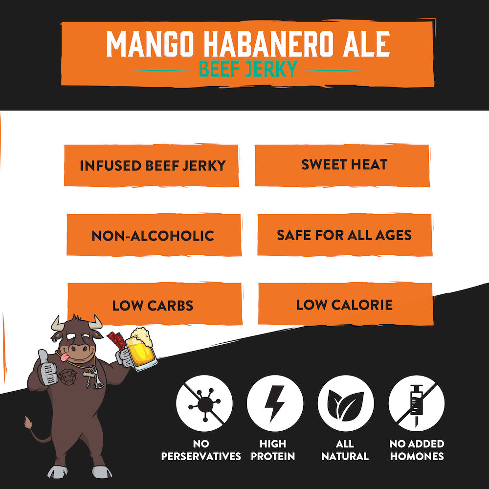 "Mango Habanero Ale Brisket Jerky – Tender, beer-infused jerky with sweet mango, fiery habanero, and a light-bodied ale. A bold, high-protein snack perfect for pairing with Blonde Ales, Brown Ales, and Shandies."