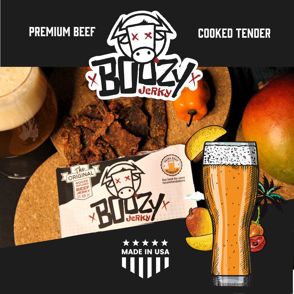 "Mango Habanero Ale Brisket Jerky – Tender, beer-infused jerky with sweet mango, fiery habanero, and a light-bodied ale. A bold, high-protein snack perfect for pairing with Blonde Ales, Brown Ales, and Shandies."