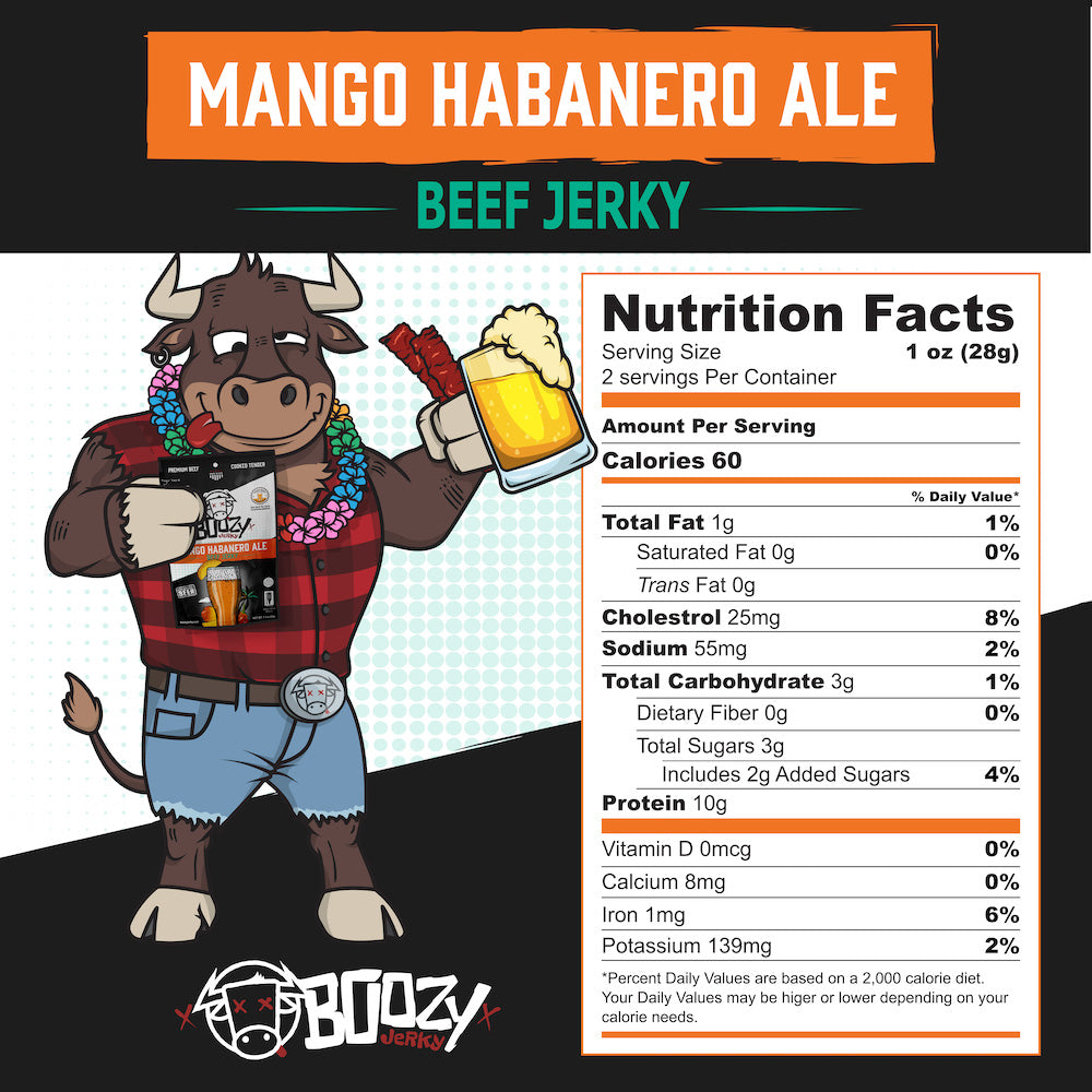 "Mango Habanero Ale Brisket Jerky – Tender, beer-infused jerky with sweet mango, fiery habanero, and a light-bodied ale. A bold, high-protein snack perfect for pairing with Blonde Ales, Brown Ales, and Shandies."
