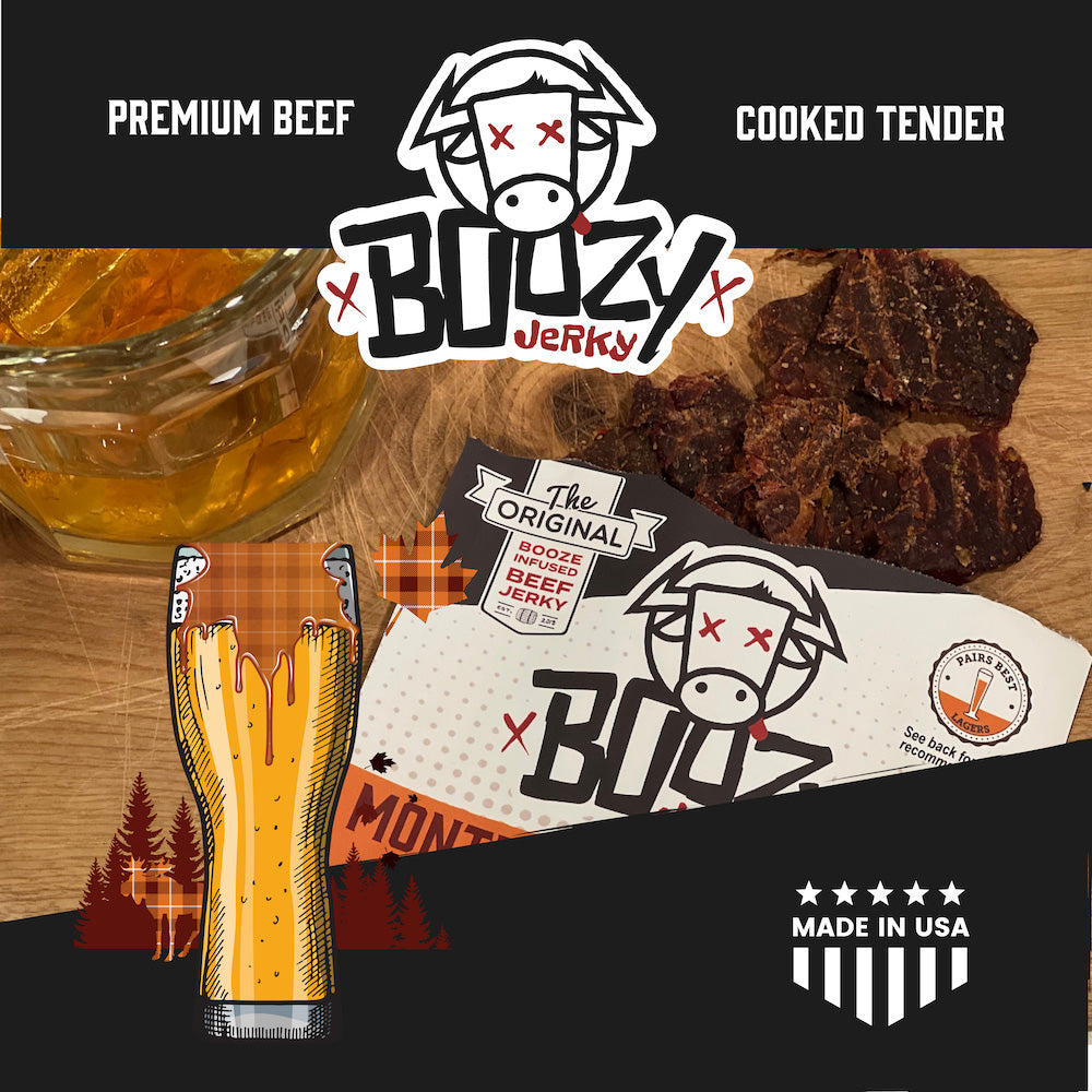 Close-up of Montreal Maple Spice Boozy Jerky, featuring tender brisket coated in Montreal-style seasoning with a maple glaze, capturing the perfect blend of bold spice and sweet richness.