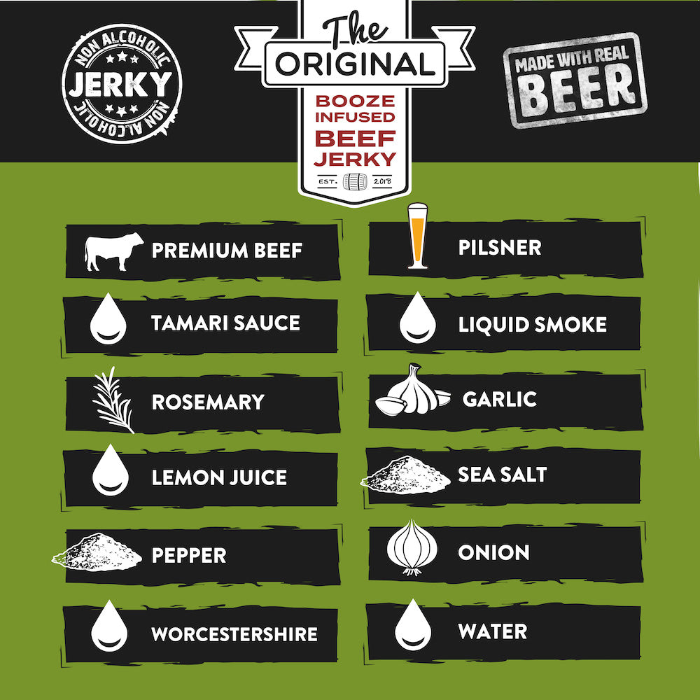 "Rosemary Garlic Pilsner Brisket Jerky – Tender beef jerky infused with pilsner beer, fresh rosemary, and garlic, finished in a buttery steakhouse style. A gluten-free snack perfect for pairing with pilsners, pale ales, or your favorite wine."