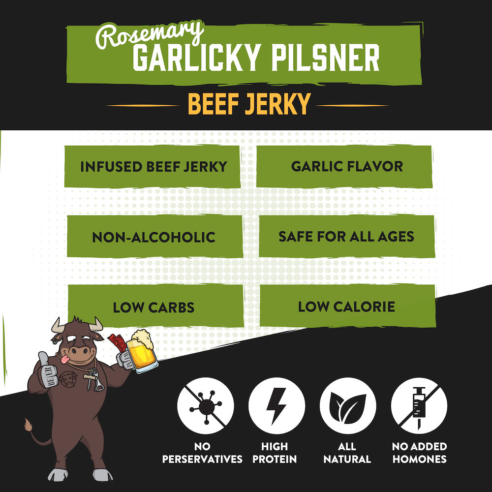 "Rosemary Garlic Pilsner Brisket Jerky – Tender beef jerky infused with pilsner beer, fresh rosemary, and garlic, finished in a buttery steakhouse style. A gluten-free snack perfect for pairing with pilsners, pale ales, or your favorite wine."