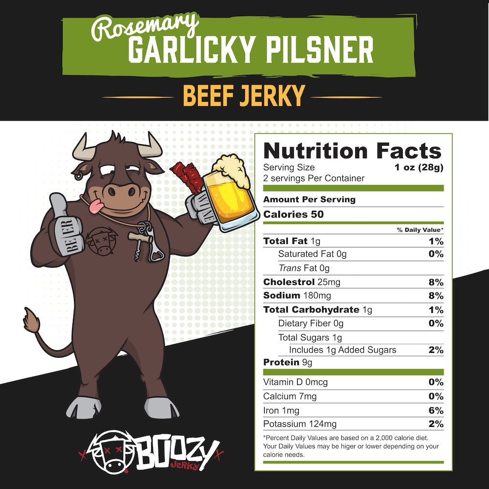 "Rosemary Garlic Pilsner Brisket Jerky – Tender beef jerky infused with pilsner beer, fresh rosemary, and garlic, finished in a buttery steakhouse style. A gluten-free snack perfect for pairing with pilsners, pale ales, or your favorite wine."