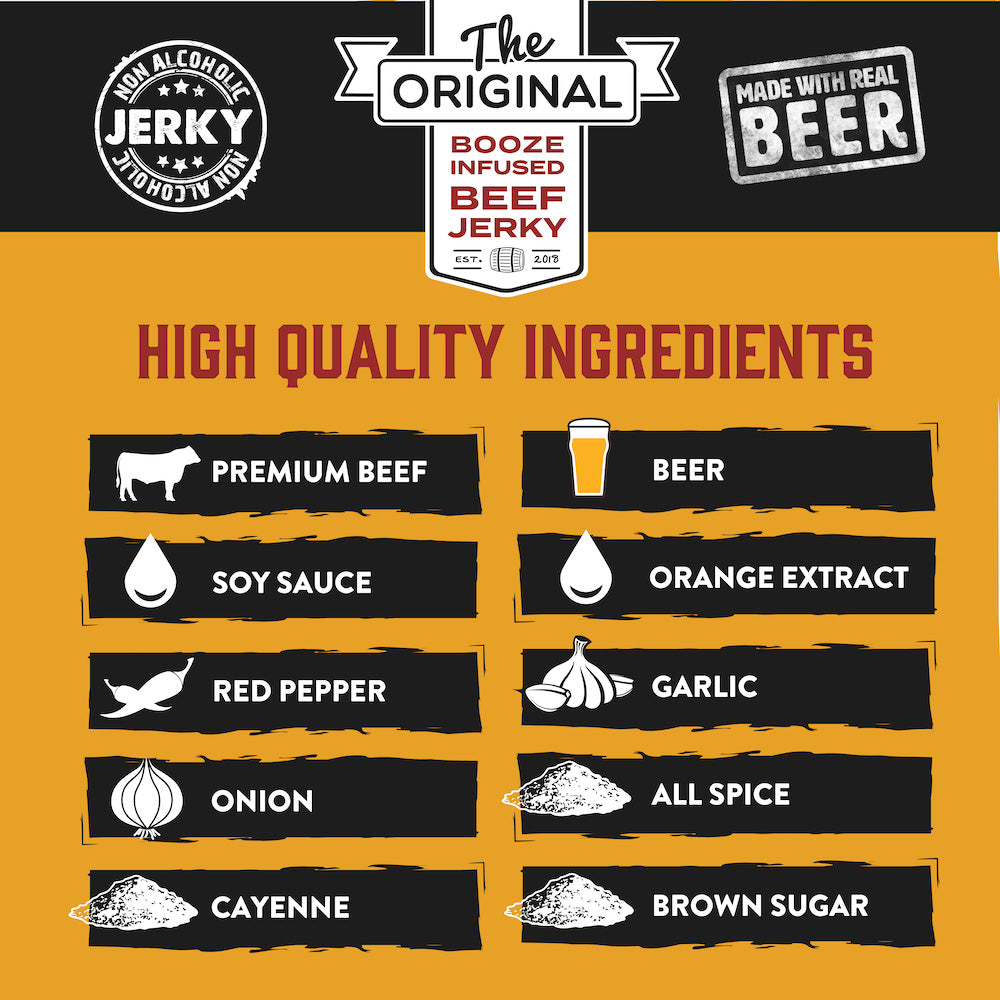 "Spicy Citrus IPA Brisket Jerky – Tender beef jerky infused with bold IPA flavors, zesty citrus, and a spicy kick. Perfectly crafted for beer lovers, this high-protein, low-carb snack pairs with IPAs, Wheat Beers, and Belgian Ales."







