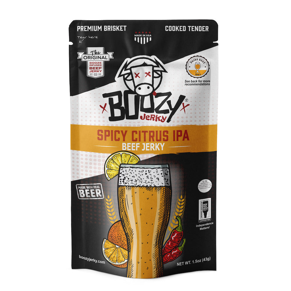 "Spicy Citrus IPA Brisket Jerky – Tender beef jerky infused with bold IPA flavors, zesty citrus, and a spicy kick. Perfectly crafted for beer lovers, this high-protein, low-carb snack pairs with IPAs, Wheat Beers, and Belgian Ales."







