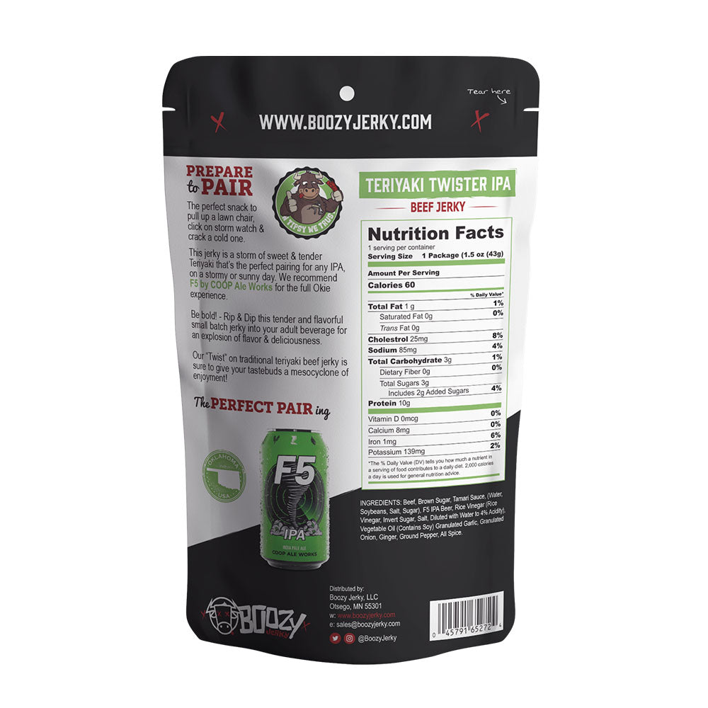 Teriyaki Twister IPA Brisket Jerky – Sweet and savory teriyaki-infused brisket jerky with a bold IPA twist. A tender, high-protein snack perfect for pairing with your favorite craft IPA or pale ale."