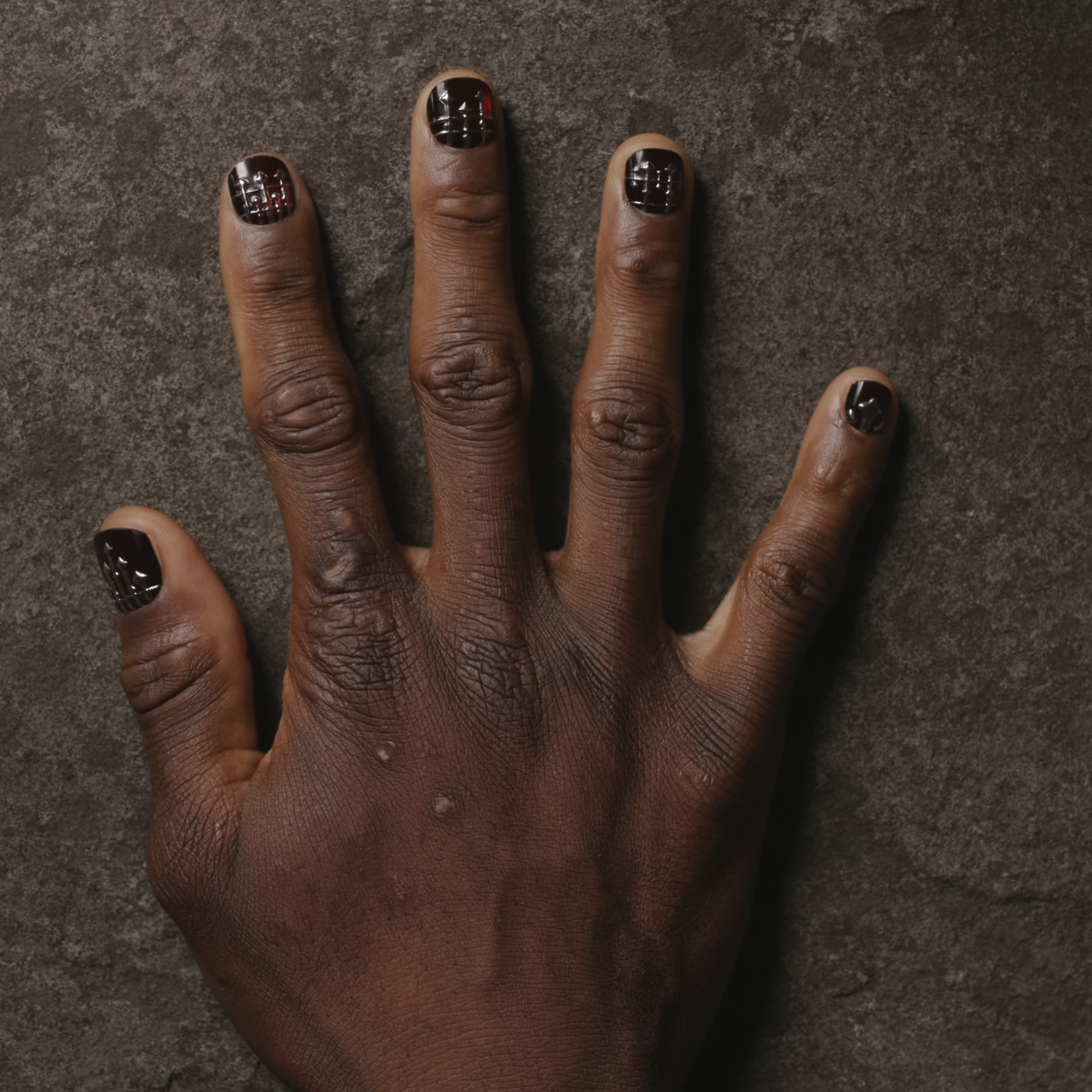video of man's hand featuring press on nails with deep red cateye base and a 3D ornate silver ironwork design