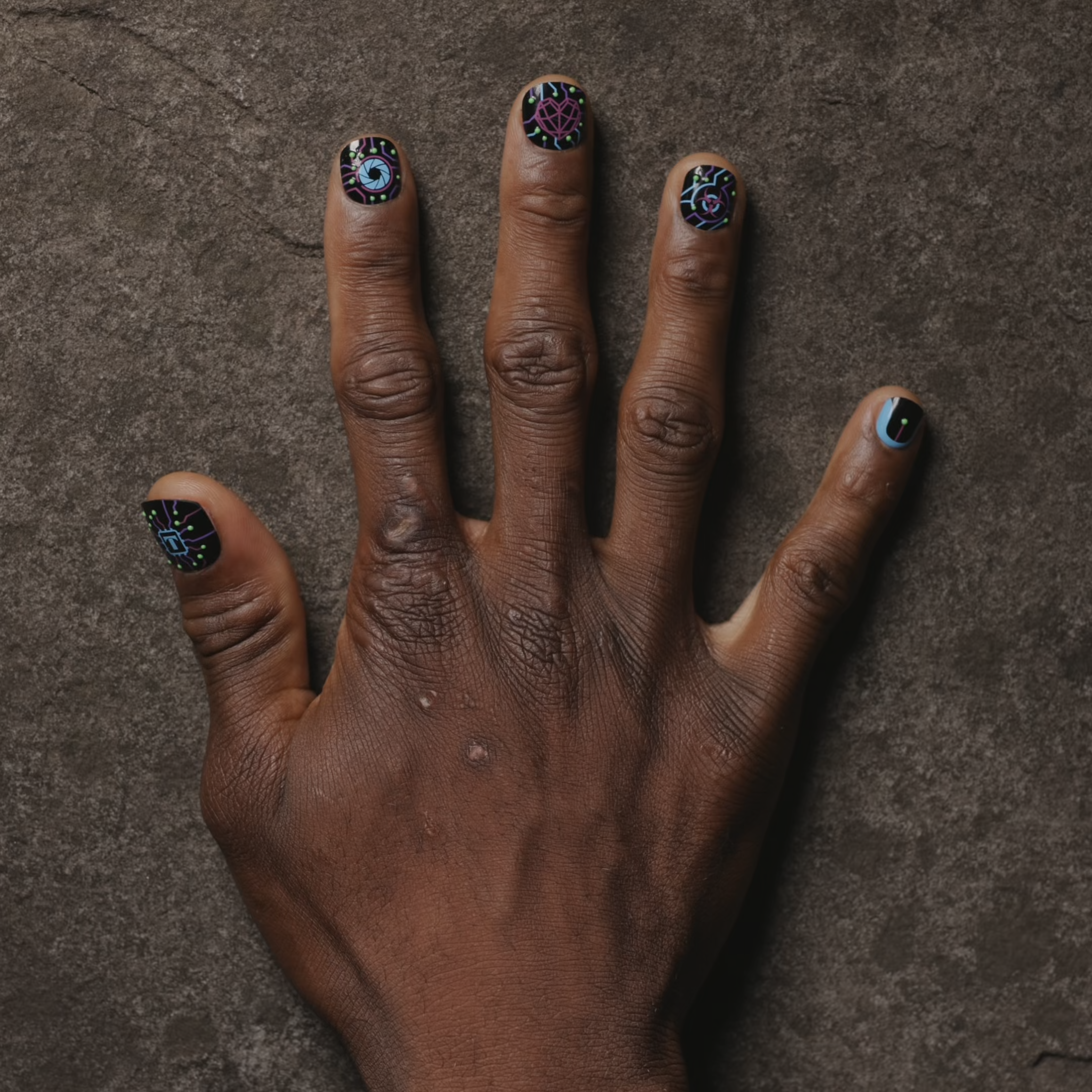 video of man's hand featuring the cyber neon press on nail set. this set features a glowing circuitry crawling across a matte black base, like code breaking through the system. Electric purple and cyan pathways power skull, heart, and eye icons that flicker like glitches in the simulation. 
