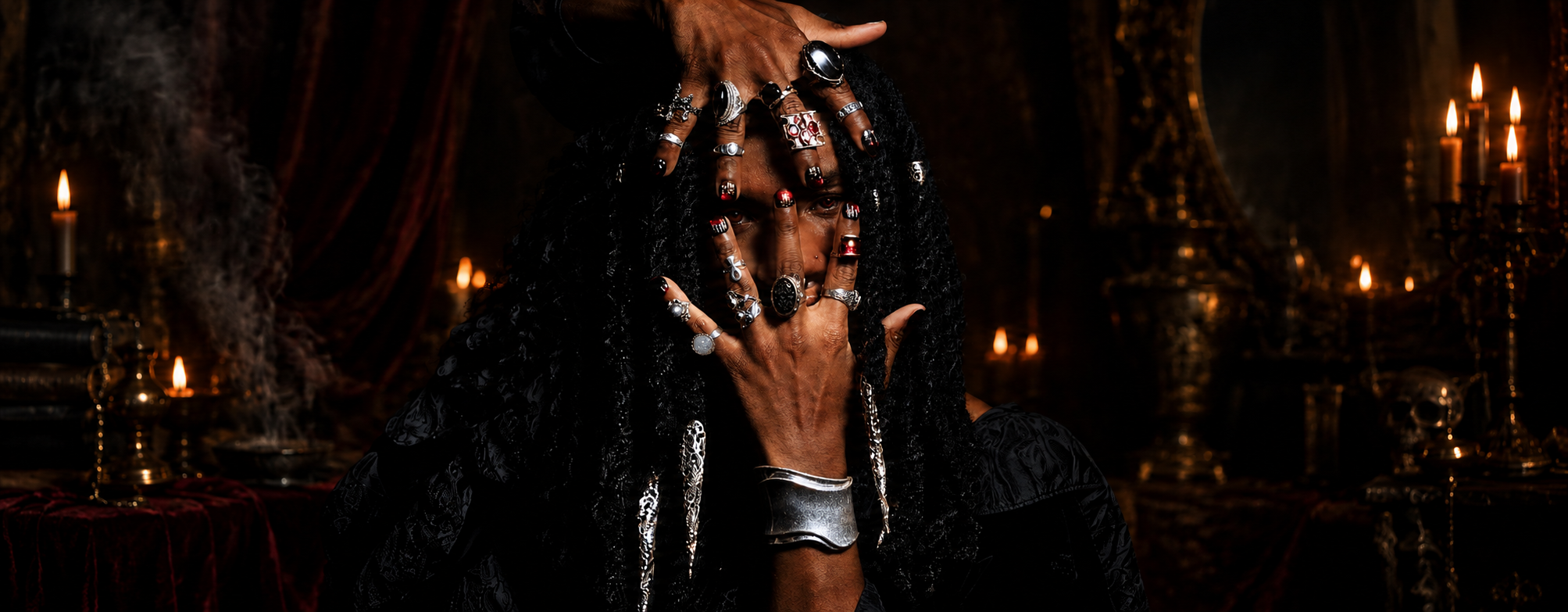 image of man in a moody, candlelit setting showing the goth gate nail, which features a deep red and black background with a a 3D iron gate pattern on each nail