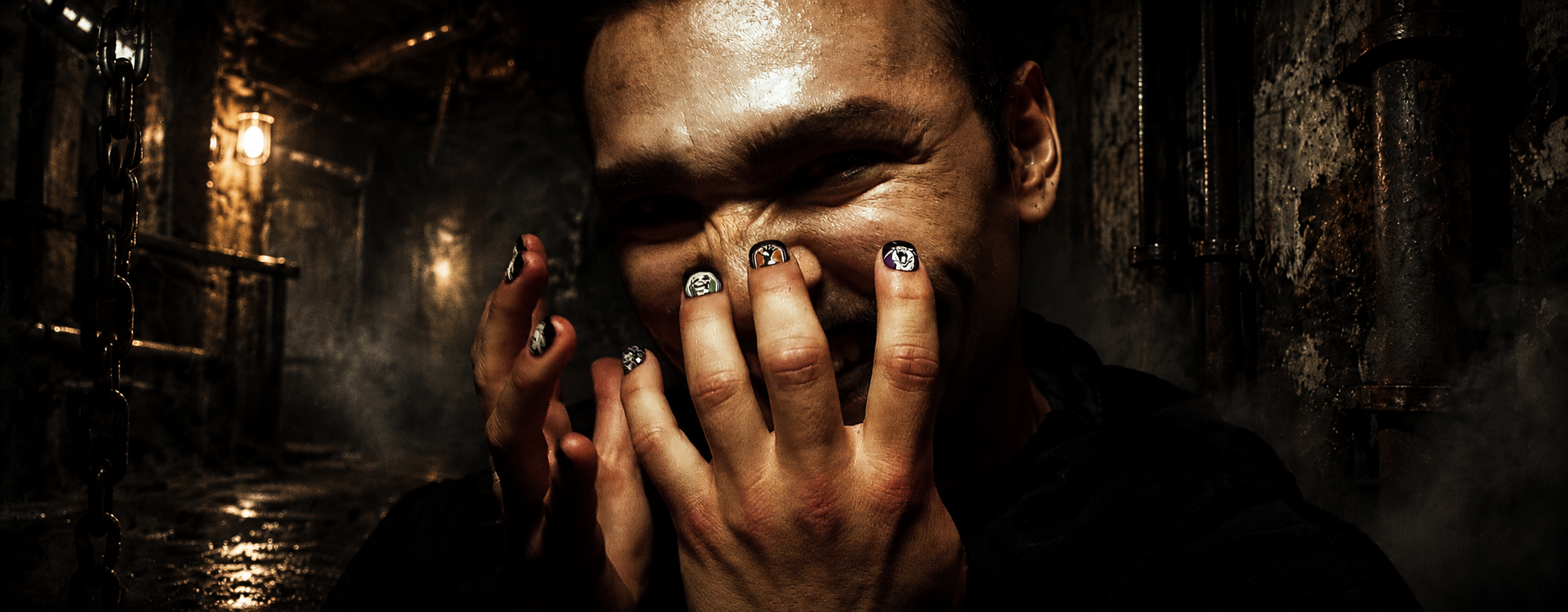 image of man in a spooky halloween setting  featuring the monster mash press on nail set in classic haunted house designs in a purple, green, and orange palette