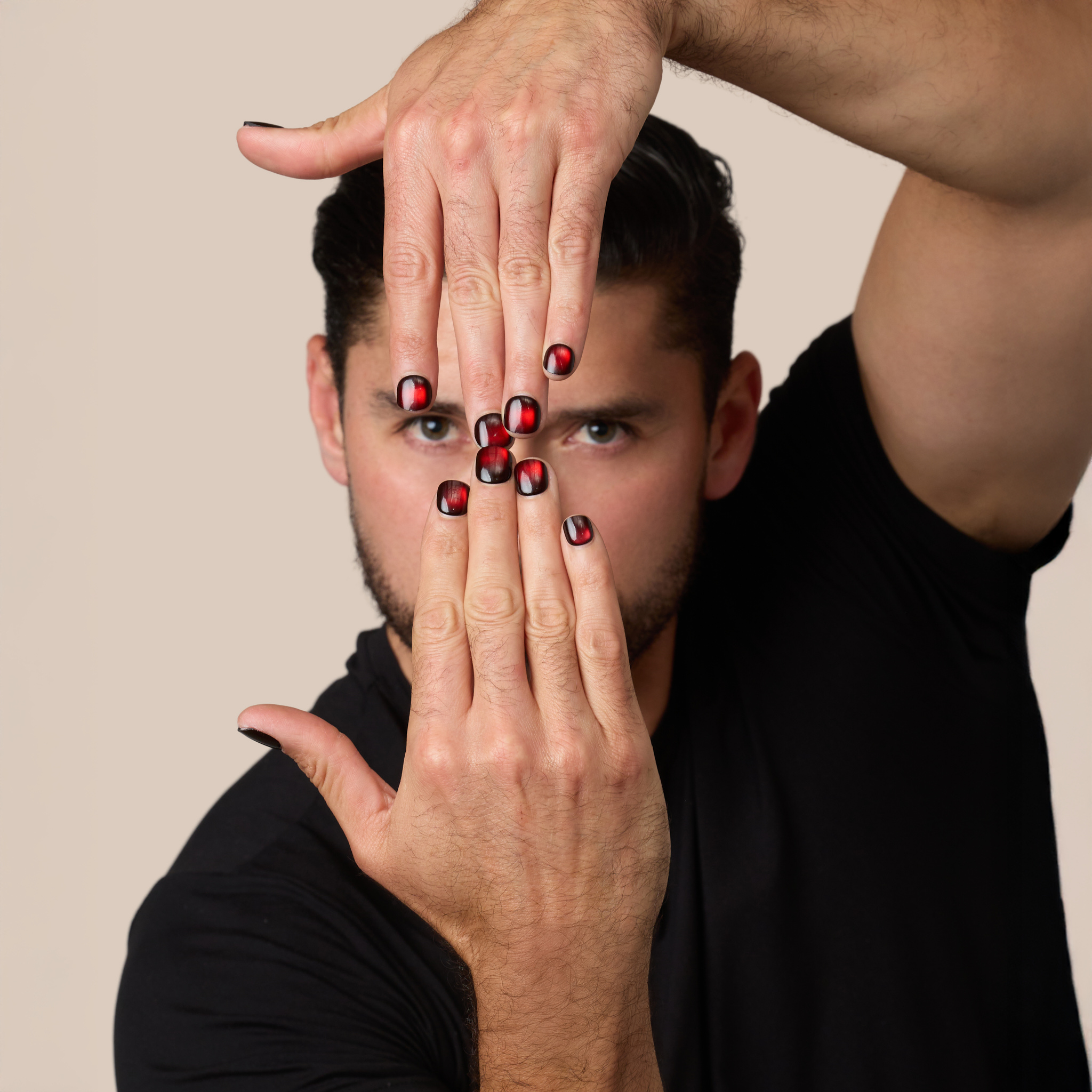 crimson press on nails with liquid metal gleam
