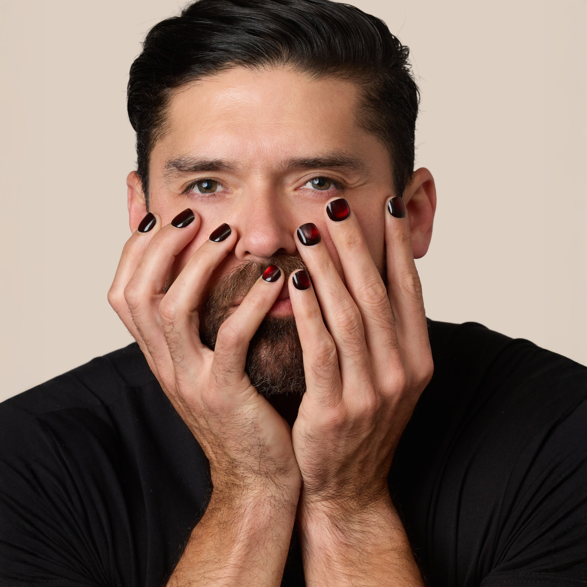 crimson press on nails with liquid metal gleam