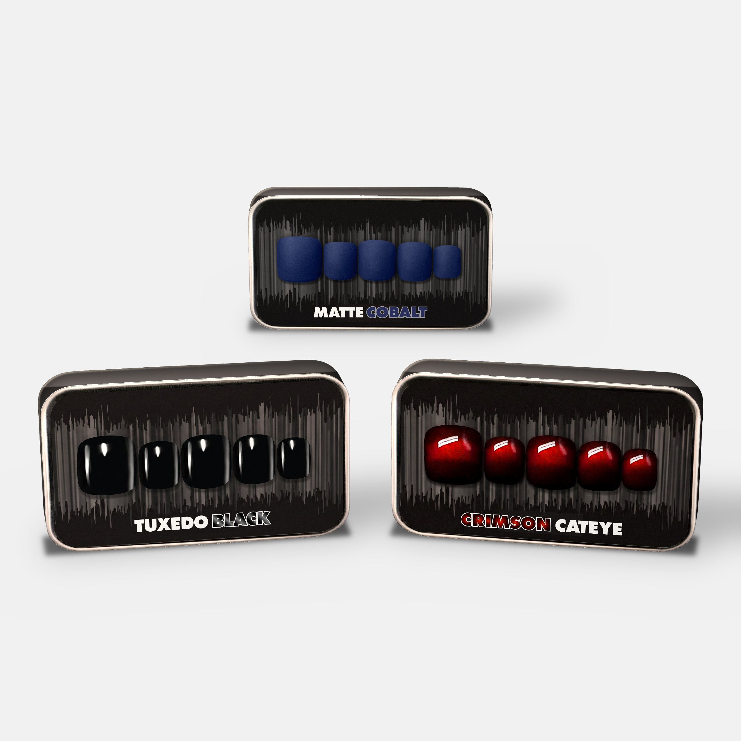 packaging image showcasing 3 press on nail sets, one each of glossy black, matte cobalt blue, and glossy red with a liquid look