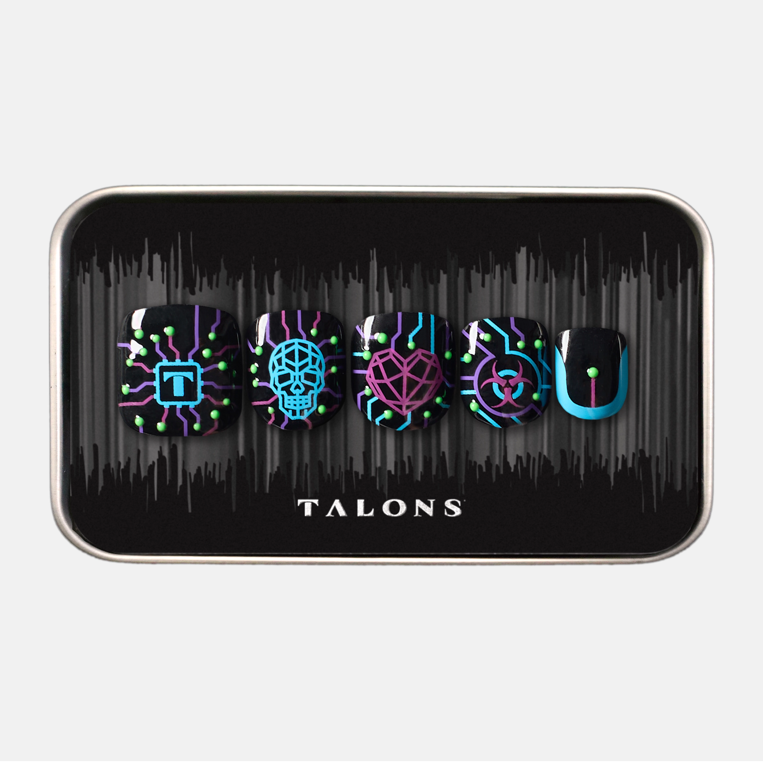 packaging image of press on nail set featuring a glowing circuitry crawling across a matte black base like code breaking through the system. Electric purple and cyan pathways power skull, heart, and eye icons that flicker like glitches in the simulation. 