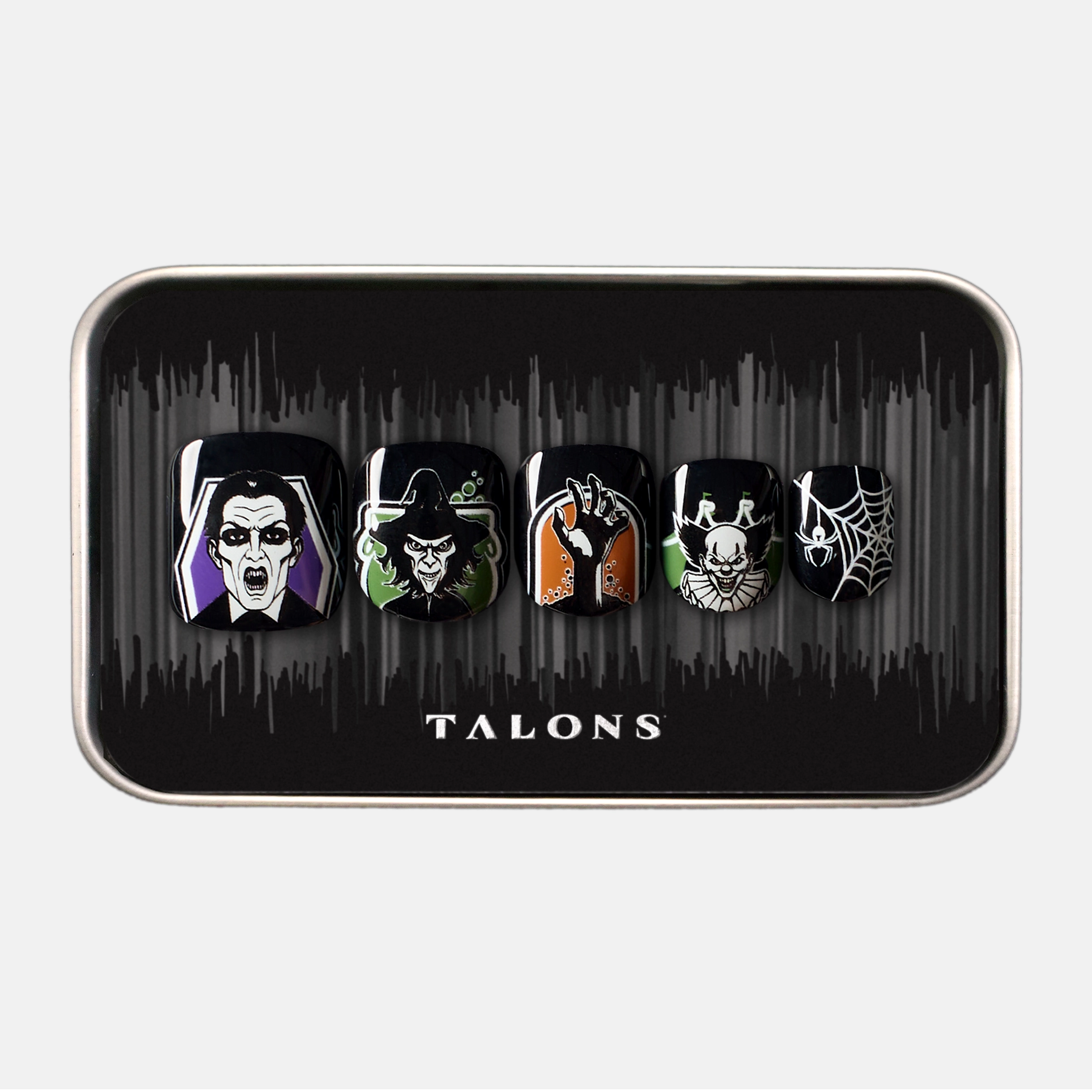 packaging image featuring press on nails in classic haunted house designs such as a monster, a witch, a hand rising up, a scary clown, and a spiderweb, in a purple, green, and orange palette
