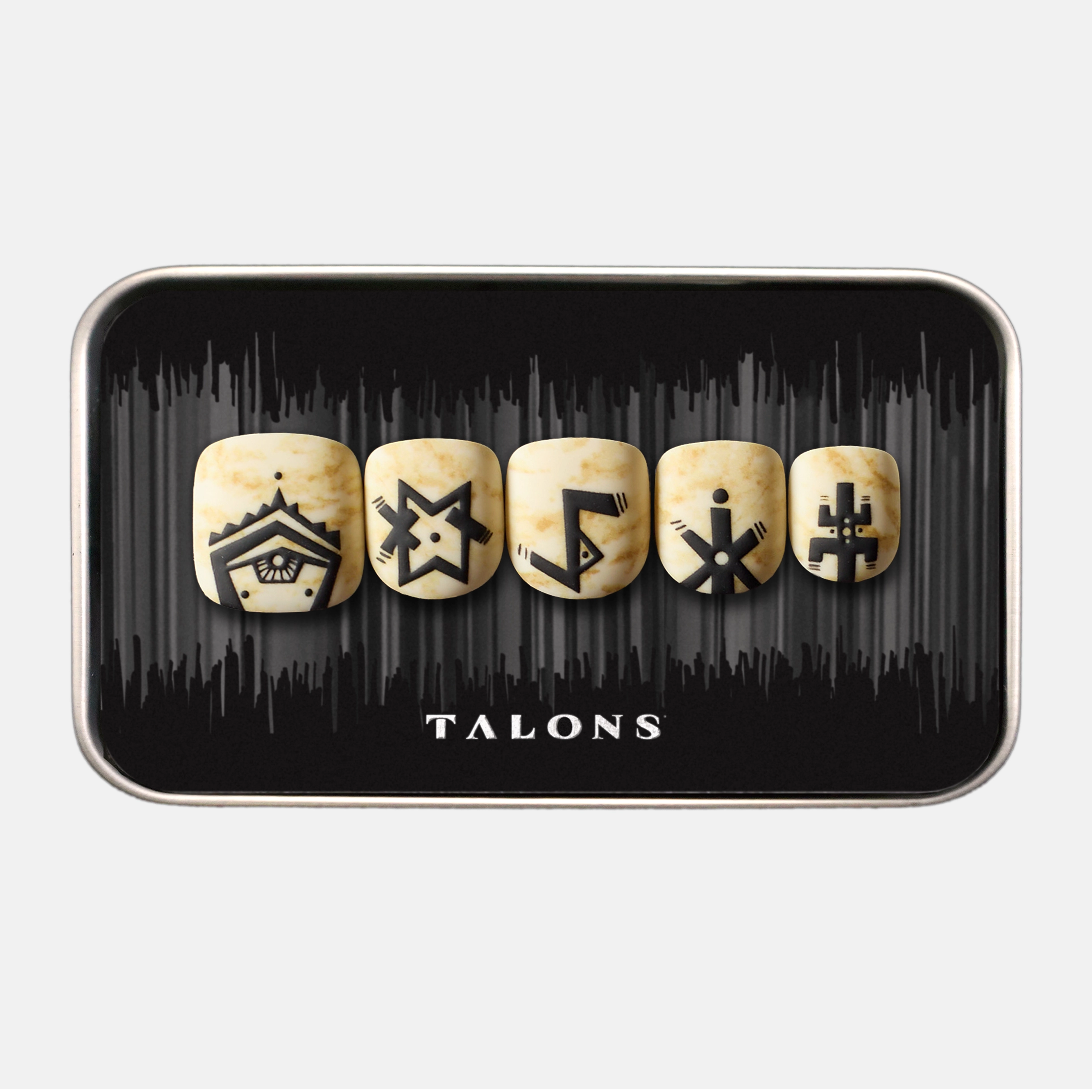 packaging image of men's press on nails with a design featuring an antiqued paper inspired background with black sigil designs
