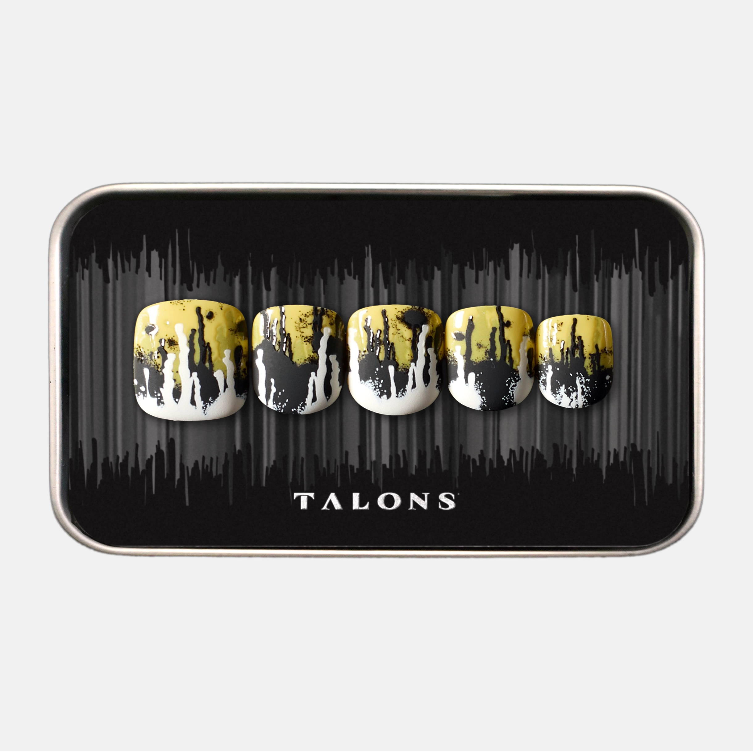 packaging image of men's press on nail set. this set design is a collision of neon yellow and jet black, and white, dripped and splattered