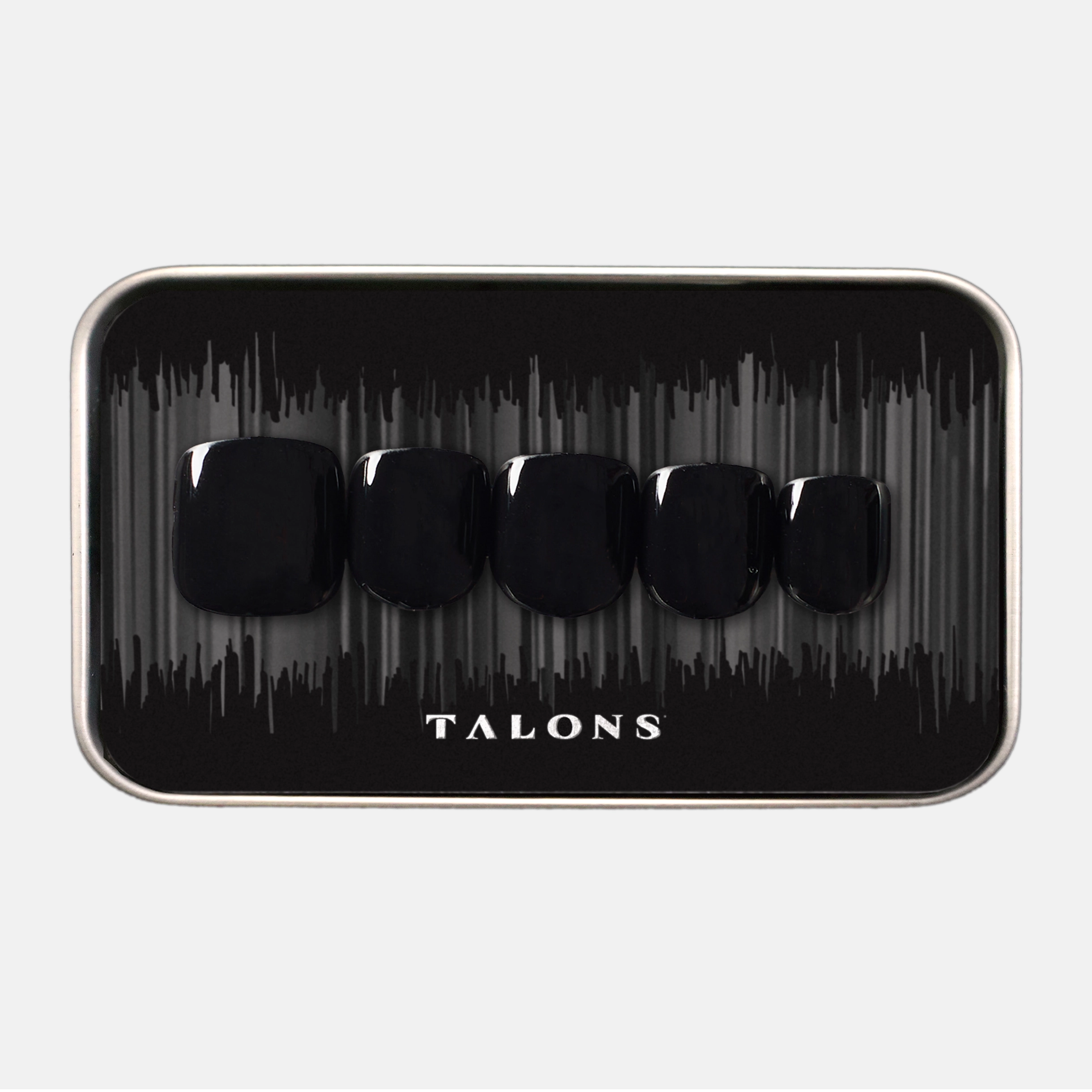 packaging image of men's press on nails in a glossy black color