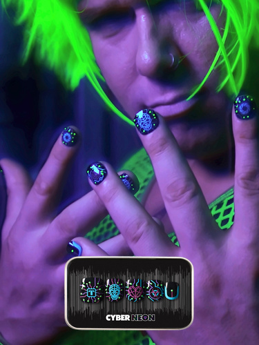 image of a man wearing a press on nail set featuring a glowing circuitry crawling across a matte black base like code breaking through the system. Electric purple and cyan pathways power skull, heart, and eye icons