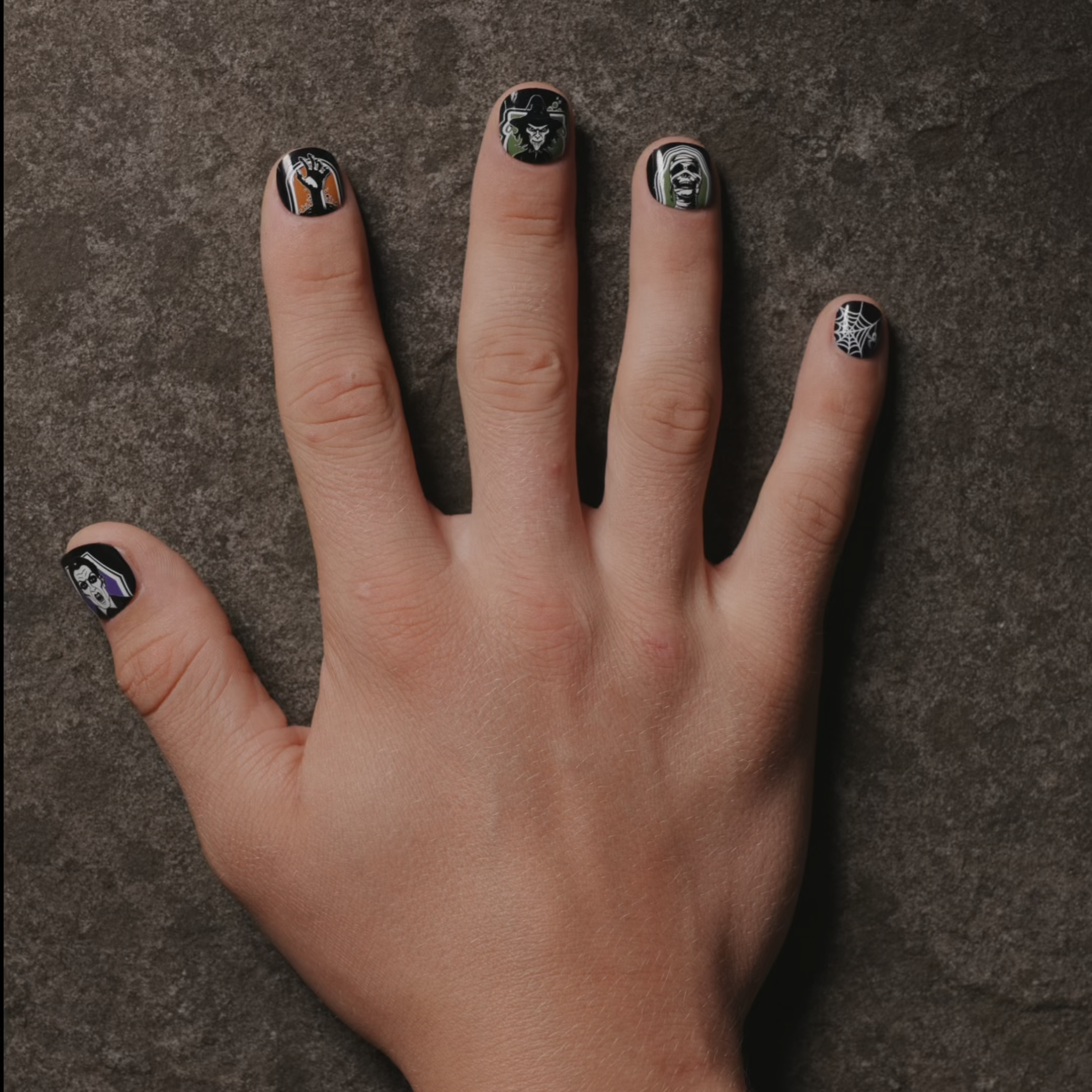 video of man's hand featuring press on nails with classic haunted house designs in a purple, green, and orange palette