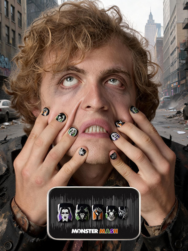 image of man in a spooky halloween setting  featuring the monster mash press on nail set in classic haunted house designs in a purple, green, and orange palette