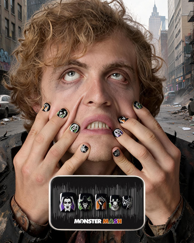 image of man in a spooky halloween setting  featuring the monster mash press on nail set in classic haunted house designs in a purple, green, and orange palette