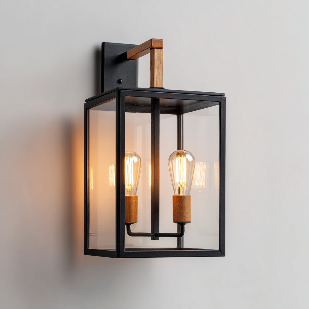 Applique murale - métal et verre avec détails bois - 20x16x38 cm - noir - naturel - pour intérieur et extérieur - design moderne industriel-Styleixe