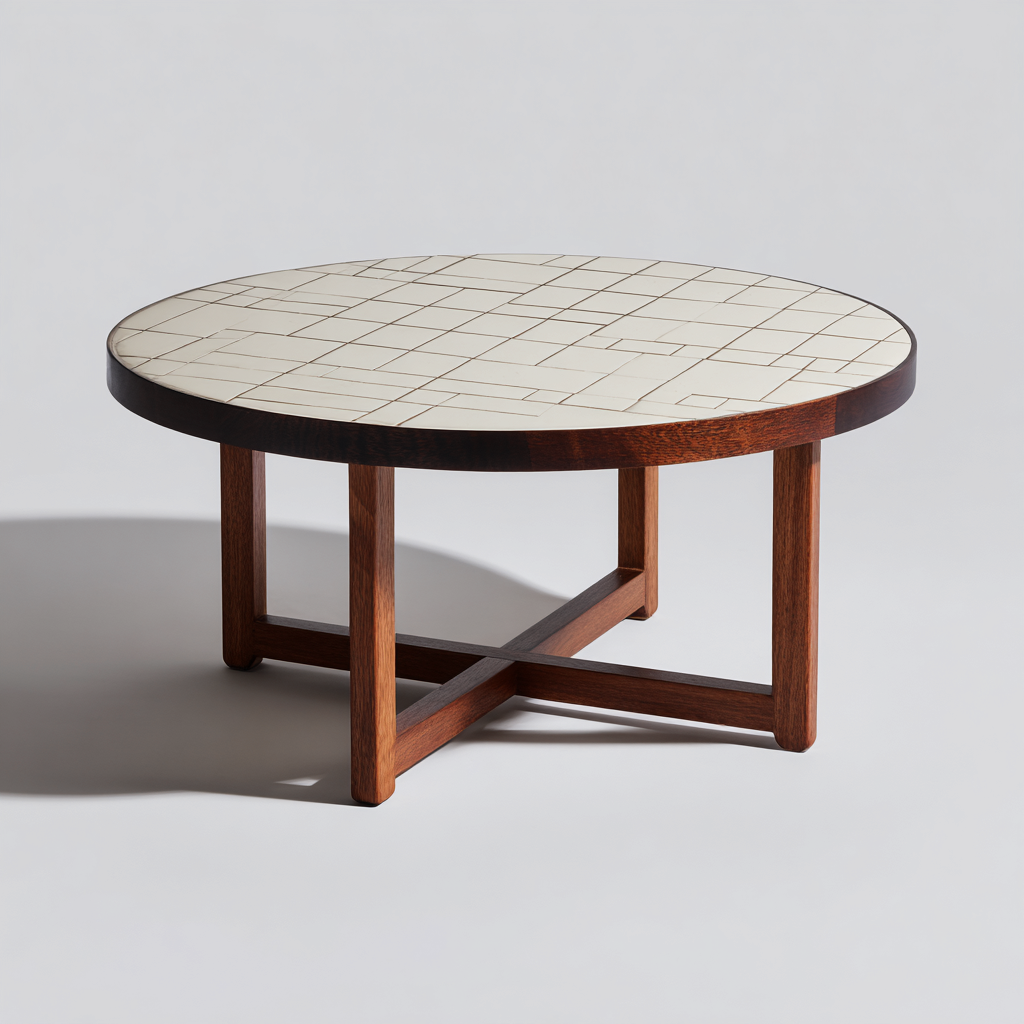 Table basse ronde bois et céramique 80x80x40 cm - blanc - brun - style moderne - adaptée au salon-Styleixe