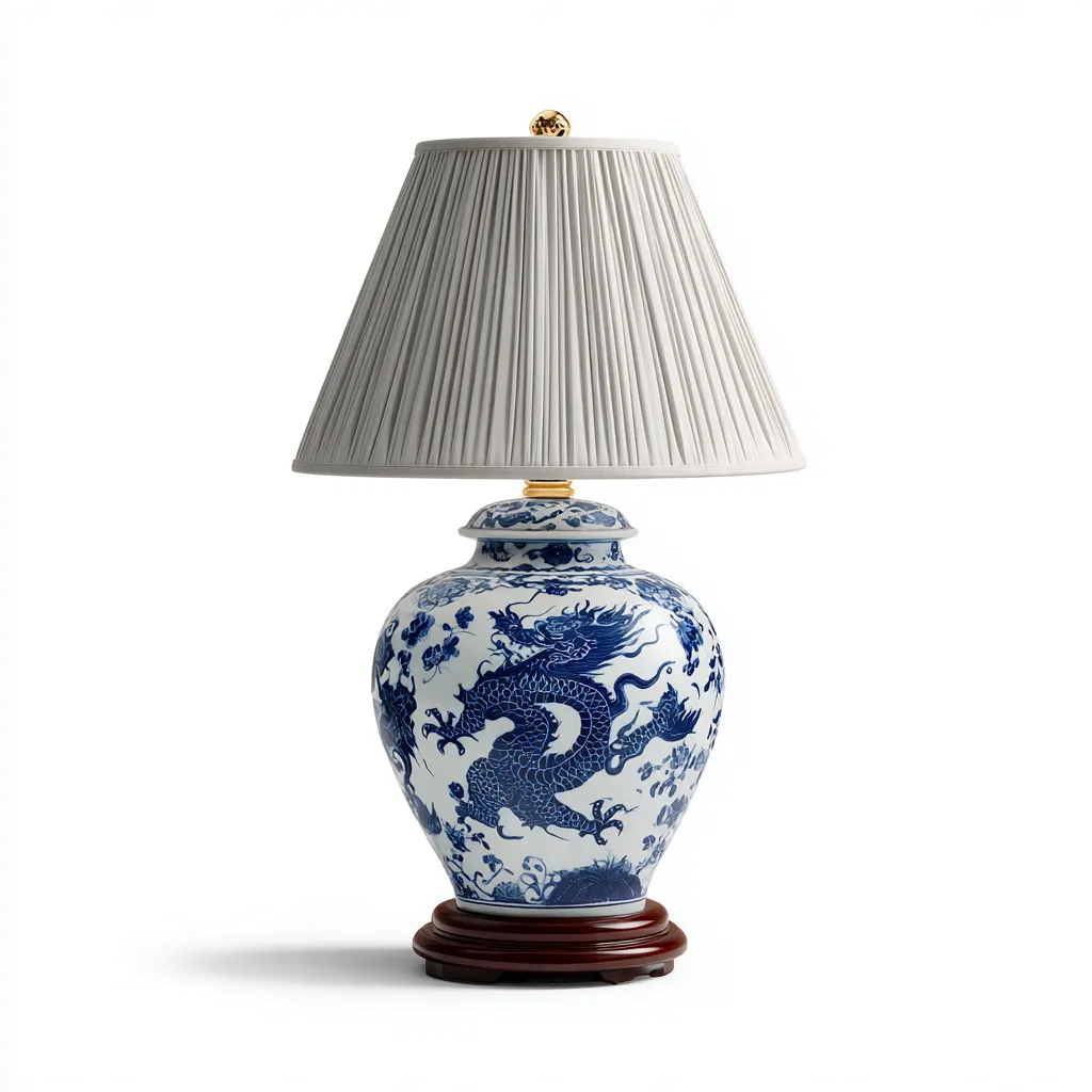 Lampe de table - céramique - tissu - bois - 34x34x58 cm - bleu - blanc - pour intérieur - design classique-Styleixe