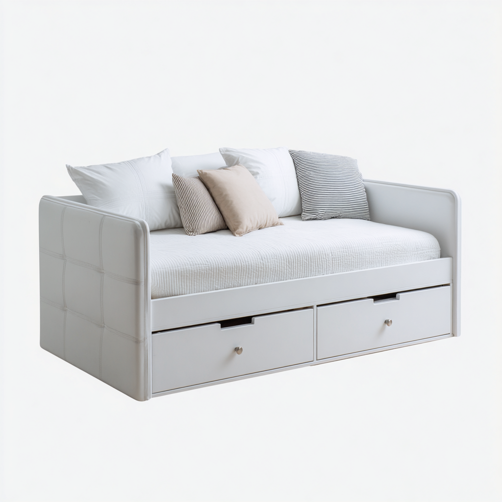Canapé lit bois et revêtement 200x95x85 cm - blanc - avec rangements - style moderne pour chambre-Styleixe