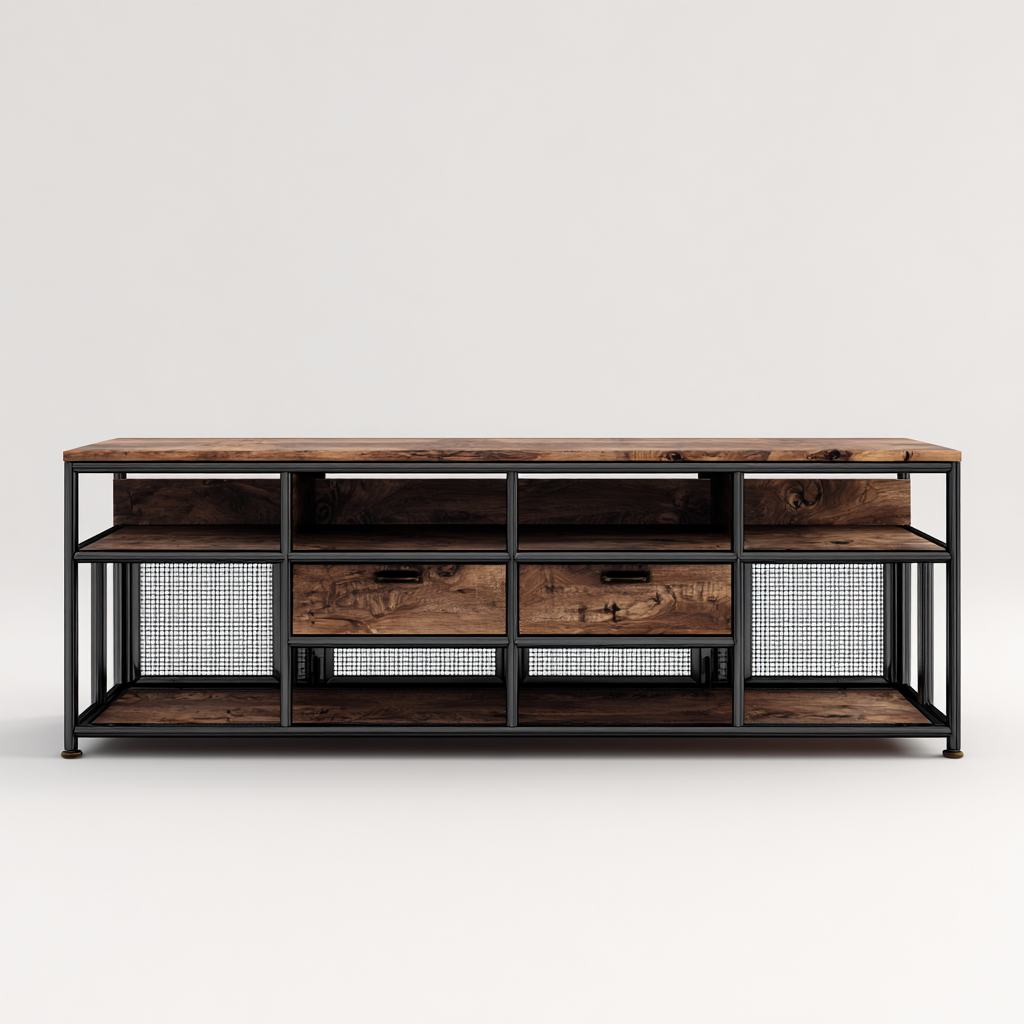 Meuble TV métal - bois 150x40x55 cm - marron - noir - adapté au salon - style industriel-Styleixe